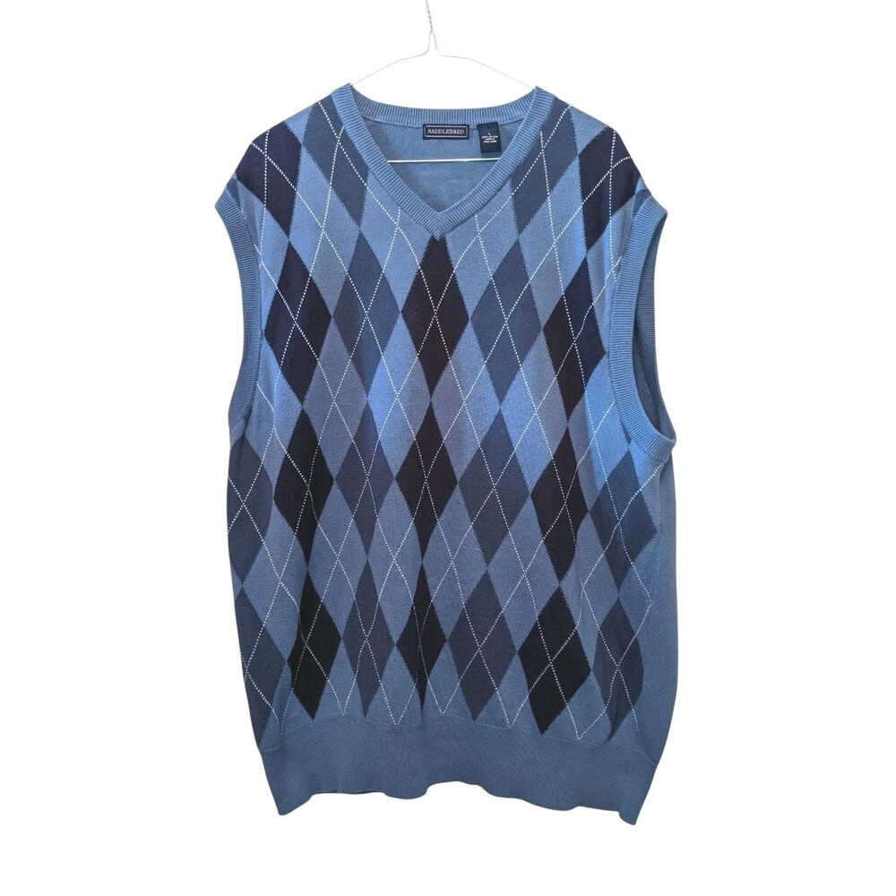 Argyle Grandpa Sweater Vest Cotton Blue Pullover Preppy Collegiate Vintage Sz L